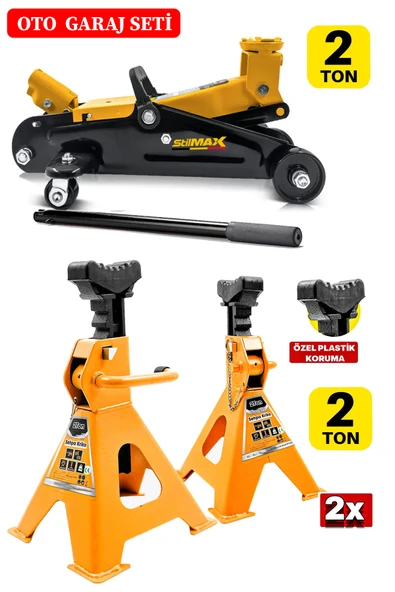 stilmax 2Ton/2000Kg Kapasite Tekerlekli Arabalı Hidrolik Kriko + 2Ton x2Adet Taşıma Sehpa Tip Kriko Standı ürün görseli