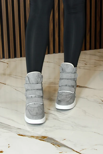 Erkan Saçmacı Talvi Gri Süet Yuvarlak Burun Cırt Cırtlı Gizli Dolgu Topuklu Günlük Bot - Resim 4