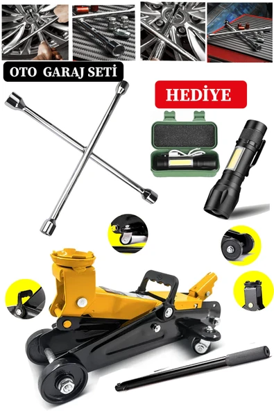 DEKO TURKEY 2000Kg Kapasiteli Tekerlekli Araç Krikosu Hidrolik Kriko + 4'lü Çelik Bijon Seti El Feneri Hediyeli - Resim 2