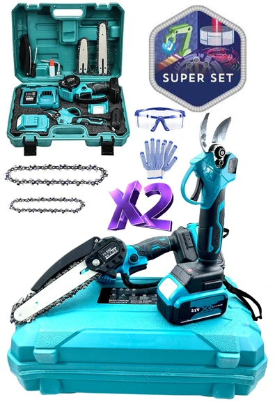 STAXX POWER 2Li Super Set 21V Çift Pala Zincir Çift Akülü Çelik Şanzıman Şarjlı Dal Budama ve Bağ Makası Testere ürün görseli 1