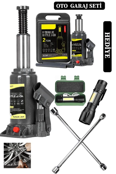 stilmax Germany 2 Ton Kapasiteli Şişe Tip Araç Krikosu + 4'lü Bijon Set Full Oto Garaj Seti + Fener Hediye ürün görseli