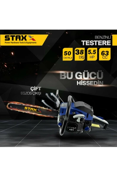 STAXX POWER Sth-63 5.5hp Tam Professional Çift Egzoz Ağaç Motoru Motorlu Testere Hızar 63 Cc - Resim 3
