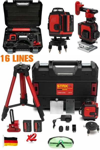 STAXX POWER x2 Akülü Uzaktan Kumandalı Hassas 16 Köşe Yeşil Çizgi Lazer Hizalama RED926 Tripot Çantalı Set - Resim 2