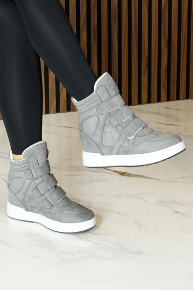 Erkan Saçmacı Talvi Gri Süet Yuvarlak Burun Cırt Cırtlı Gizli Dolgu Topuklu Günlük Bot - Resim 3