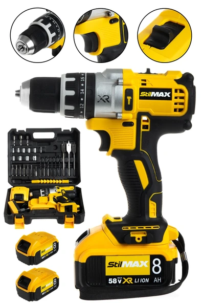 stilmax 58 V 8 Ah Çift Metal Şanzuman Çift Samsung Akülü Darbeli Şarjlı Matkap Vidalama + 30 Parça Usta Seti ürün görseli 1