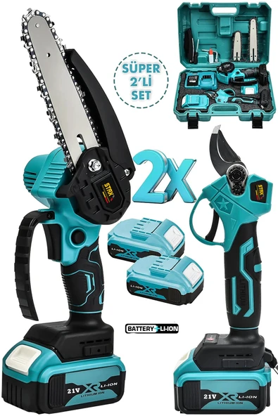 STAXX POWER 2Li Super Set 21V Çift Pala Zincir Çift Akülü Çelik Şanzıman Şarjlı Dal Budama ve Bağ Makası Testere - Resim 2
