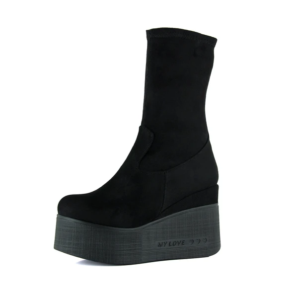 Erkan Saçmacı Yuki Siyah Süet Streç Kürk Astarlı Fermuarlı Yuvarlak Burun Gizli Dolgu Topuklu Bot