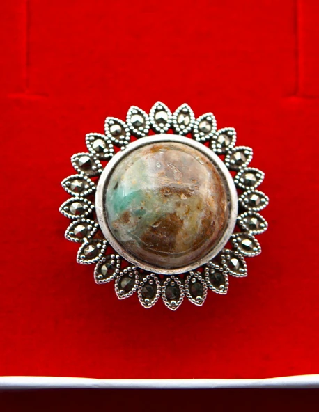 925 Ayar Gümüş Oltu Zümrütü Kadın Yüzük sy00099 - Resim 6