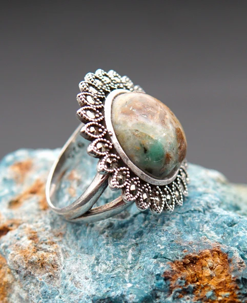 925 Ayar Gümüş Oltu Zümrütü Kadın Yüzük sy00099 ürün görseli 1