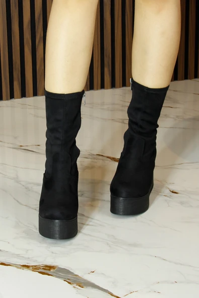 Erkan Saçmacı Yuki Siyah Süet Streç Kürk Astarlı Fermuarlı Yuvarlak Burun Gizli Dolgu Topuklu Bot - 4