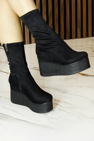 Erkan Saçmacı Yuki Siyah Süet Streç Kürk Astarlı Fermuarlı Yuvarlak Burun Gizli Dolgu Topuklu Bot - 3