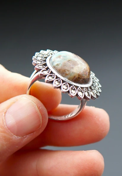 925 Ayar Gümüş Oltu Zümrütü Kadın Yüzük sy00099 - Resim 5