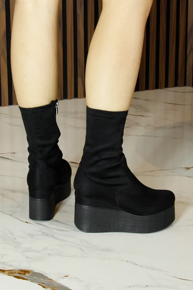 Erkan Saçmacı Yuki Siyah Süet Streç Kürk Astarlı Fermuarlı Yuvarlak Burun Gizli Dolgu Topuklu Bot - 5