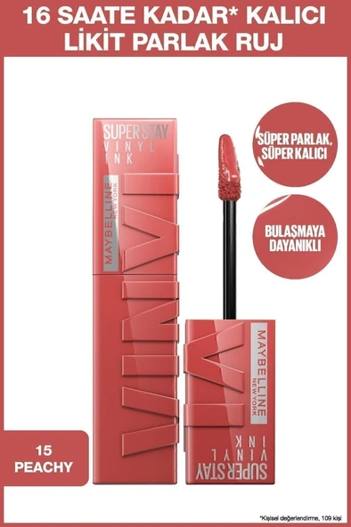 Maybelline New York Super Stay Vinyl Ink Uzun Süre Kalıcı Şeftali Tonlu Likit Parlak Ruj 15 Peachy