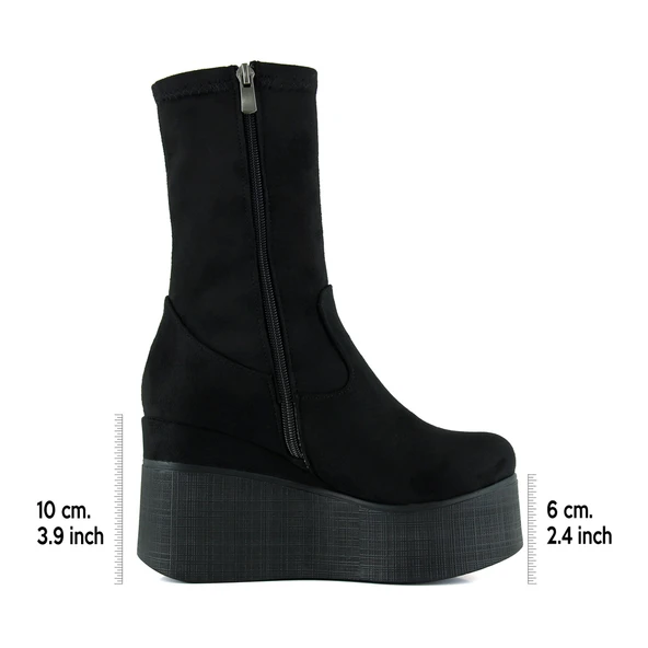 Erkan Saçmacı Yuki Siyah Süet Streç Kürk Astarlı Fermuarlı Yuvarlak Burun Gizli Dolgu Topuklu Bot - 2