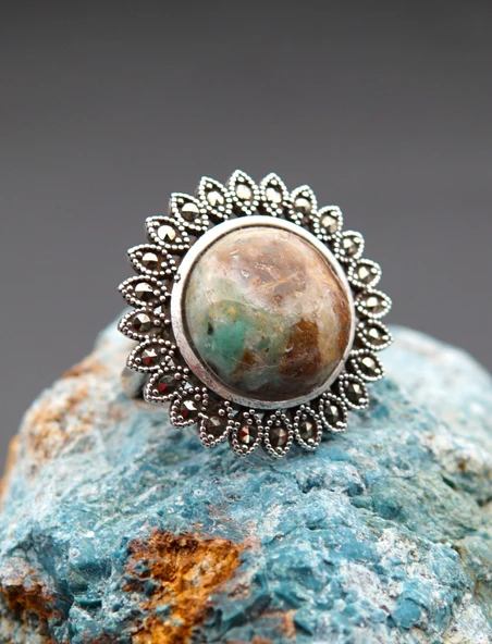 925 Ayar Gümüş Oltu Zümrütü Kadın Yüzük sy00099 - Resim 7