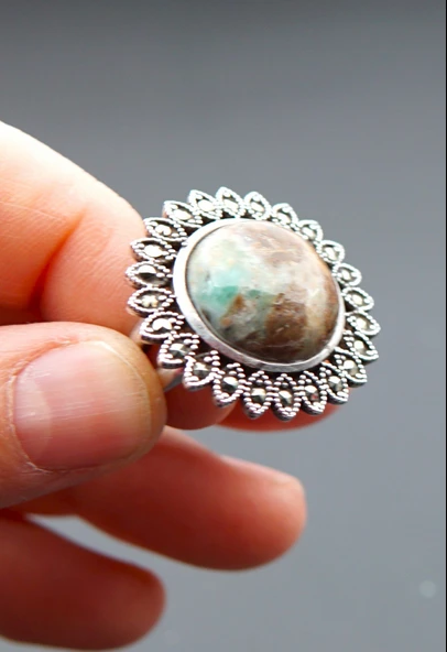 925 Ayar Gümüş Oltu Zümrütü Kadın Yüzük sy00099 - Resim 4