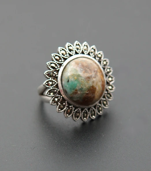 925 Ayar Gümüş Oltu Zümrütü Kadın Yüzük sy00099 - Resim 3