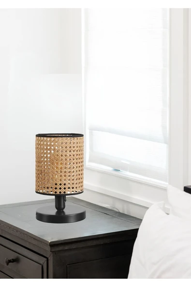 Lumexx YENİ AYÇA PİLLİ SİYAH RATTAN ABAJURLU MASA LAMBASI - Resim 3