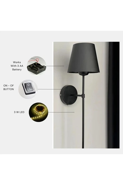 Lumexx YENİ LÜX SİYAH PİLLİ SİYAH ABAJURLU APLİK ürün görseli