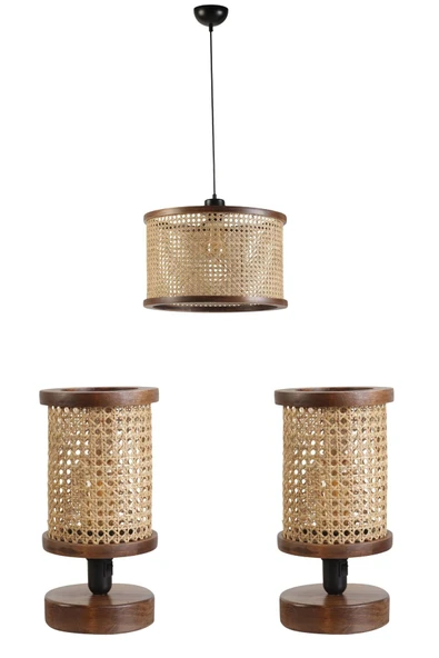 Lumexx GİZEM ABAJUR AVİZE 3 LÜ CEVİZ SET - Resim 2