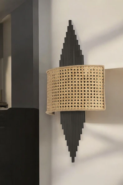 Lumexx Yeni Aslı Pilli Siyah Oval Rattan Abajurlu Aplik - Resim 2