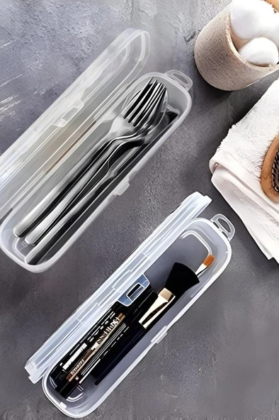 2’li Aksesuar Kutu Seti, Çatal Kaşık Bıçak Diş Fırçası Traş Bakım Makyaj Kalem Saklama Kabı BASKISIZ - 3