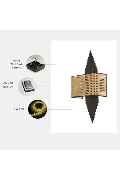 Lumexx Yeni Aslı Pilli Siyah Dikdörtgen Rattan Abajurlu Aplik ürün görseli