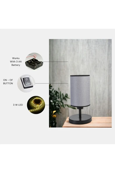 Lumexx Yeni Rumeli Pilli Siyah Hasır Gri Abajurlu Masa Lambası ürün görseli
