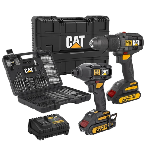 CAT DXK201 18Volt/2.0Ah Li-ion Çift Akülü Kömürsüz Profesyonel Şarjlı Darbeli Matkap + DX7030 + DA01903 Kombo Set ürün görseli