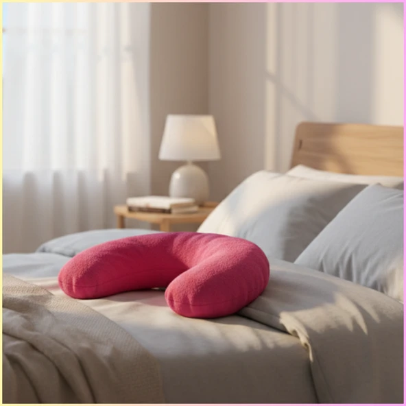 Pembe Polar Araç Boyun Yastığı 35x28 cm / Araba Uçak Otobüs Ev ve Ofis Seyahat Yolculuk Yastığı - Resim 3