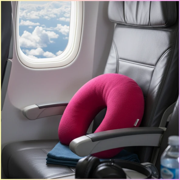 Pembe Polar Araç Boyun Yastığı 35x28 cm / Araba Uçak Otobüs Ev ve Ofis Seyahat Yolculuk Yastığı - Resim 2