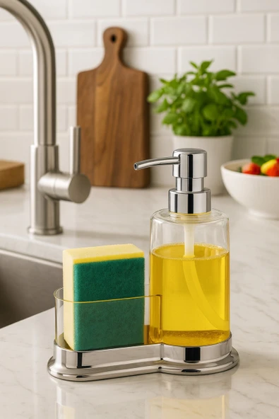 Şeffaf Sıvı Sabunluk  – Paslanmaz Krom Standlı, Mutfak Lavabosu Düzenleyici DC-6777 - Resim 2