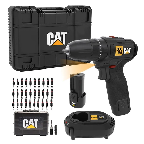 CAT DX1160 12Volt/2.0Ah Li-ion Çift Akülü Kömürsüz Profesyonel Şarjlı Darbeli Matkap + DA01901 32 Parça Aksesuar Seti - 2