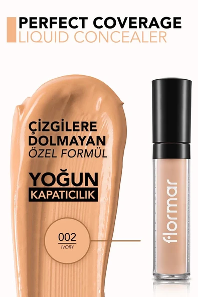 Flormar Perfect Coverage Hafif Yapılı & Yarı Mat Bitişli Likit Kapatıcı 002 IVORY - Resim 3