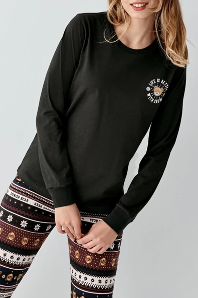 Arnetta Kadın Aile Bear My Little Friend %100 Pamuklu 4 Mevsim Uzun Kollu Pijama Takım - 5