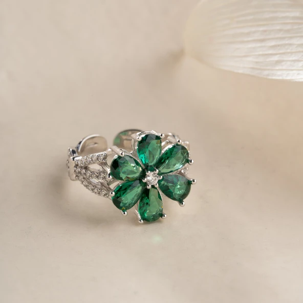 Vaoov 925 Ayar Gümüş Yeşil Taşlı Çiçek Yüzük - Resim 5