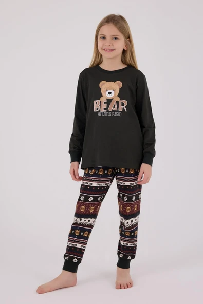 Arnetta Kız Çocuk Garson Aile Bear My Little Friend %100 Pamuklu 4 Mevsim Uzun Kollu Pijama Takım - Resim 4
