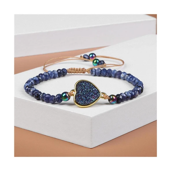 Valkyrie Doğal Taşlı Kalp Model Bileklik Ayarlanabilir Makrome Lacivert Kristal Kalp Detaylı Mor Boncuk Kadın Bileklik - 4