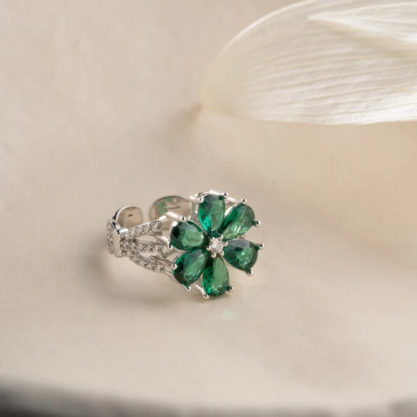 Vaoov 925 Ayar Gümüş Yeşil Taşlı Çiçek Yüzük - Resim 3