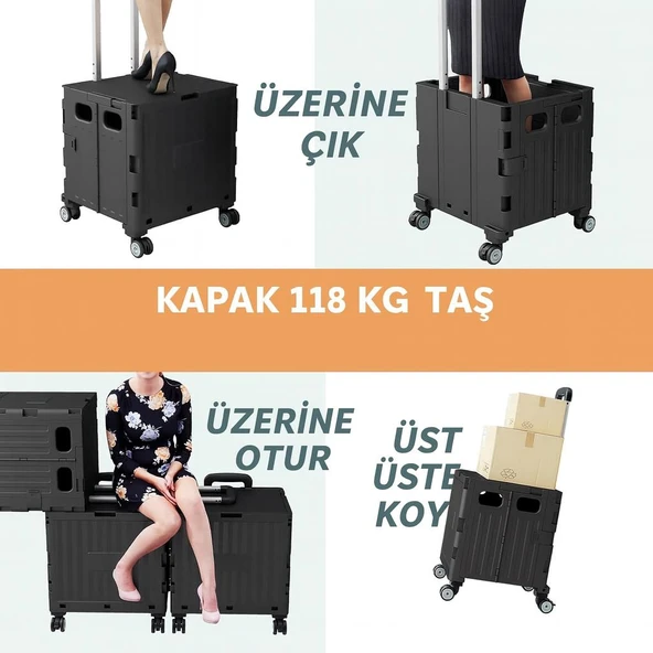 Valkyrie Katlanabilir 4 Tekerlekli Alışveriş ve Depolama Çantası – Kapaklı Teleskopik Çekme Kolu Kamp Plaj Çok Amaçlı Siyah - 4