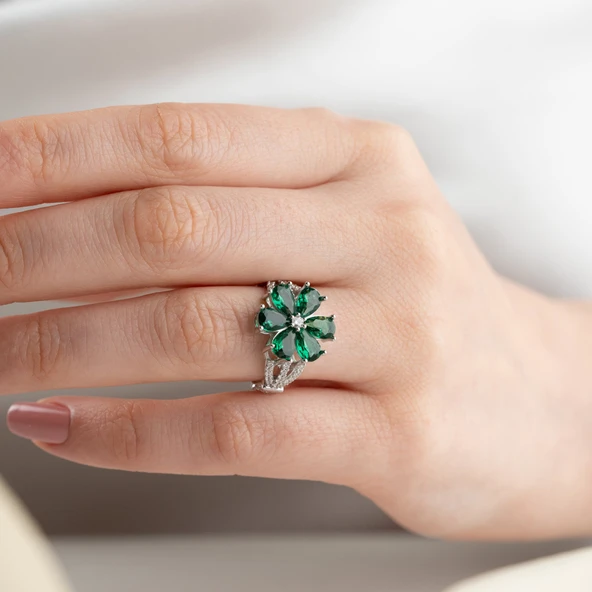 Vaoov 925 Ayar Gümüş Yeşil Taşlı Çiçek Yüzük - Resim 4