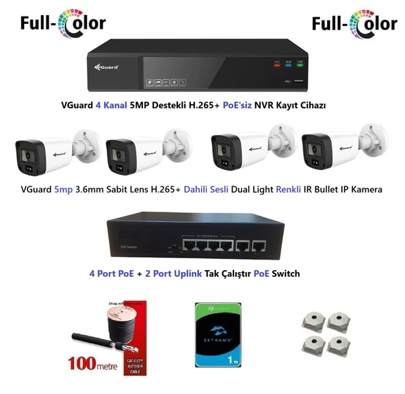 VGuard 5mp Dahili Sesli Ve Gece Renkli 4 Kameralı Tak Çalıştır Hazır IP Kamera Seti 1TB Disk ürün görseli 1