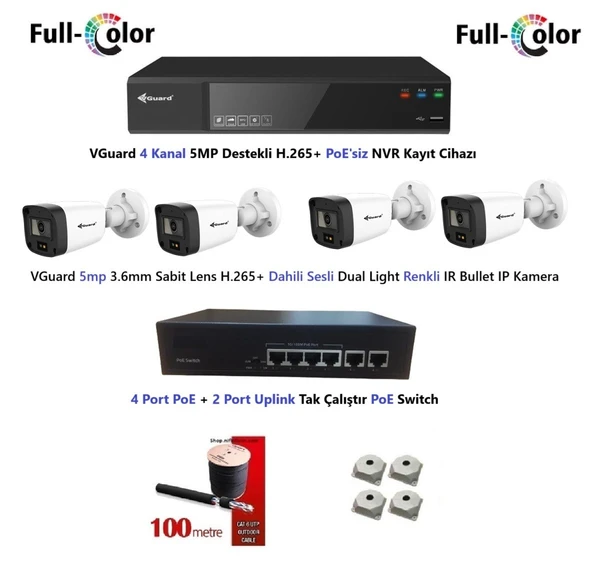 VGuard 5mp Dahili Sesli Ve Gece Renkli 4 Kameralı Tak Çalıştır Hazır IP Kamera Seti Disk Yoktur ürün görseli 1