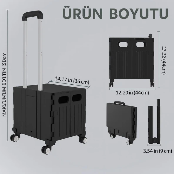 Valkyrie Katlanabilir 4 Tekerlekli Alışveriş ve Depolama Çantası – Kapaklı Teleskopik Çekme Kolu Kamp Plaj Çok Amaçlı Siyah - 3