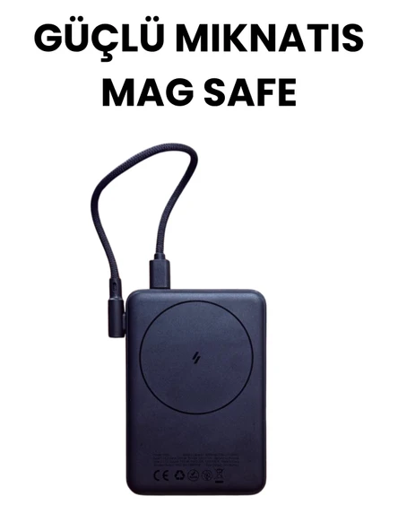 20W Hızlı Şarj Destekli MagSafe Kablosuz Powerbank Dahili TypeC Kablolu, LED Göstergeli, Mat Siyah Kompakt Taşınabilir Şarj Cihazı - 4