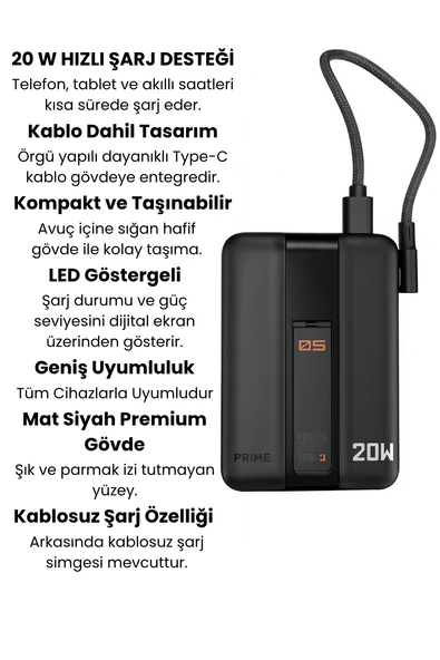 20W Hızlı Şarj Destekli MagSafe Kablosuz Powerbank Dahili TypeC Kablolu, LED Göstergeli, Mat Siyah Kompakt Taşınabilir Şarj Cihazı - 8