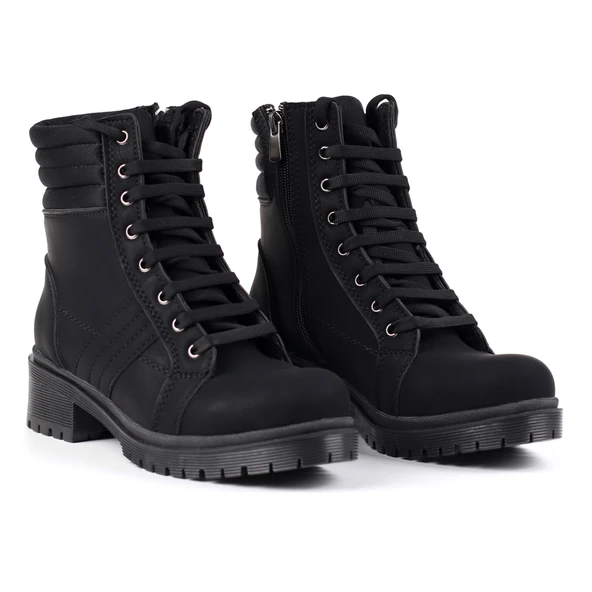 Kadın Siyah Nubuk Bağcıklı, Fermuarlı Postal Bot – Kalın Tabanlı Günlük Kışlık Bot ürün görseli 1