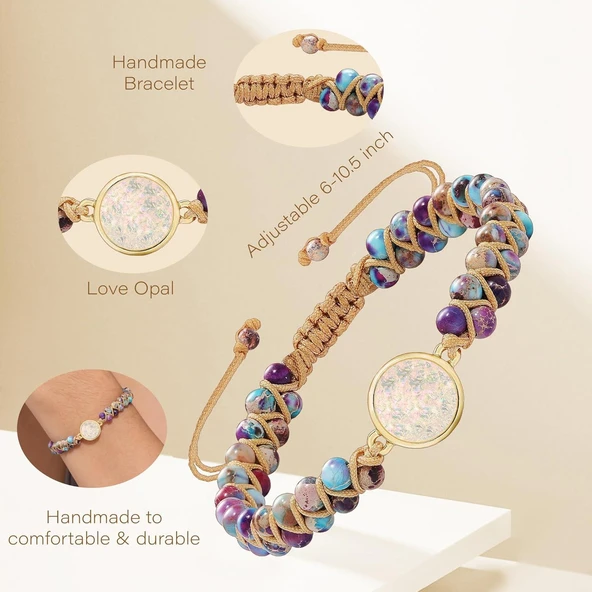 Valkyrie Doğal Taşlı Opal Merkezli Mor-Turkuaz Boncuklu Makrome Bileklik – Ayarlanabilir El Yapımı Kadın Bileklik - 4