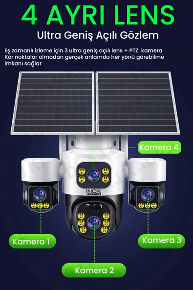 4 Kameralı INOX modeli , 4G + e-Sim, 2 Solar Panelli, Uzaktan izleme , Hareket Takip , Alarm , Sesli Konuşma, 16000 Mah Batarya - 3